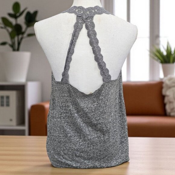 Hollister ✦ Scoop Neck Lace-Back Tank Top ✦ Heather Gray Cotton Blend L - Picture 4 of 10